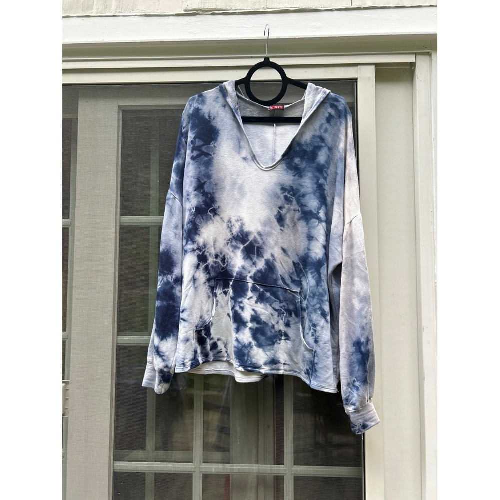 T Party Women's Size XL Tie Dye Pullover Hooded Sweatshirt White Black Blue Tint